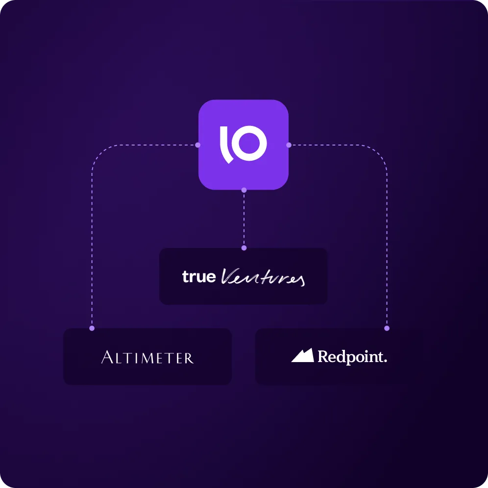 Purple square with a white stylized 'lo' symbol connected by dotted lines to three black rectangles labeled true ventures, Altimeter, and Redpoint.