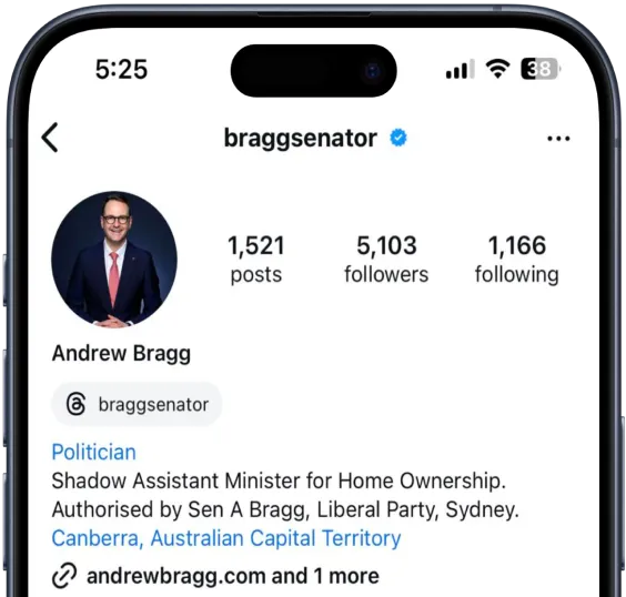 A Phone showing Senator's Instagram account