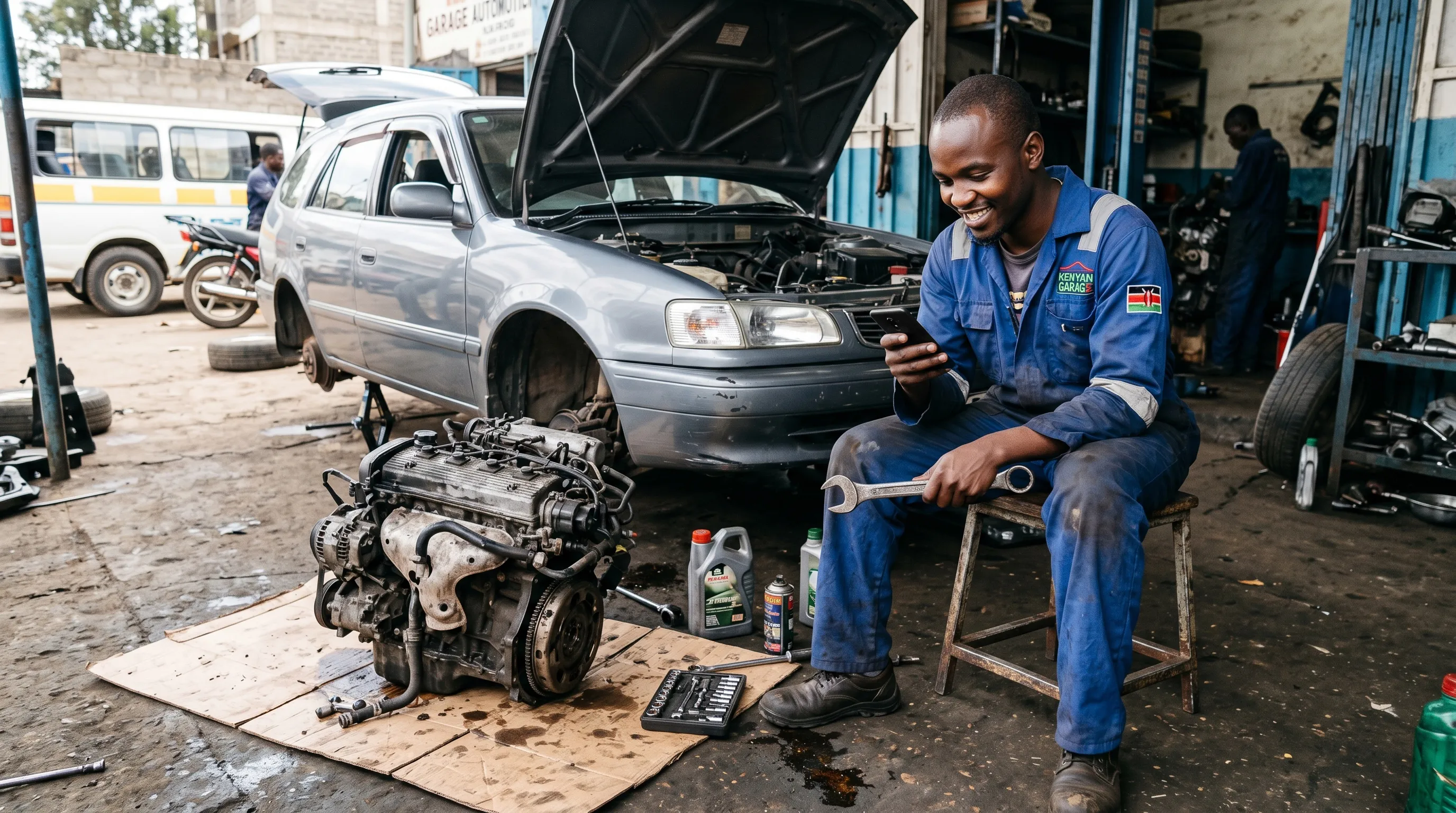 Mechanic using his M-KOPA phone at his garage