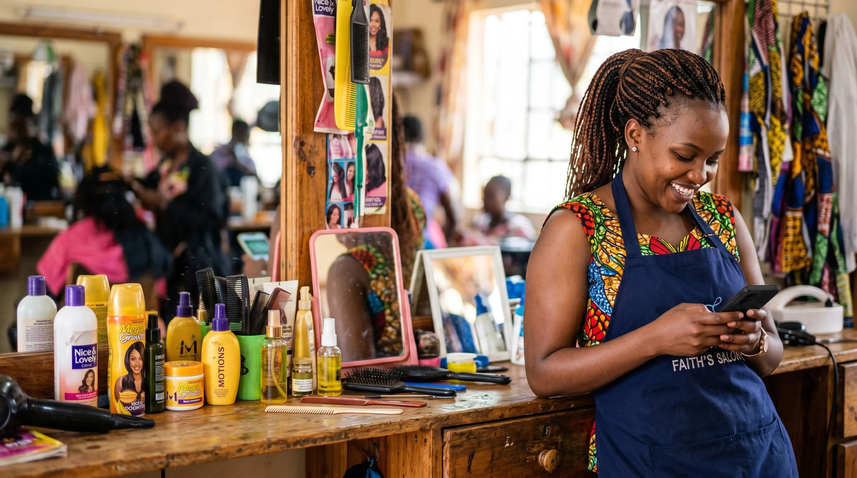 Salon owner using her M-KOPA phone
