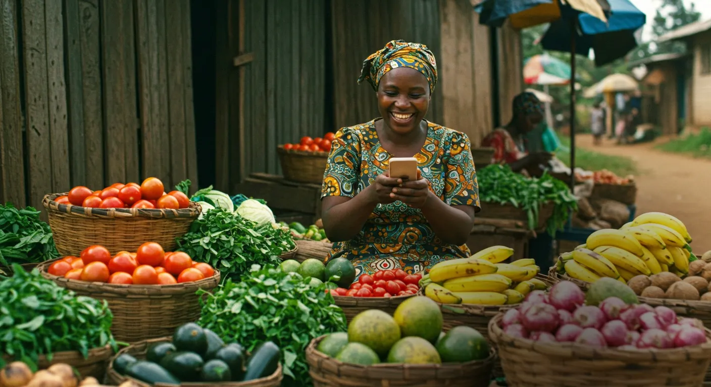 Produce seller using her M-KOPA phone at her stall