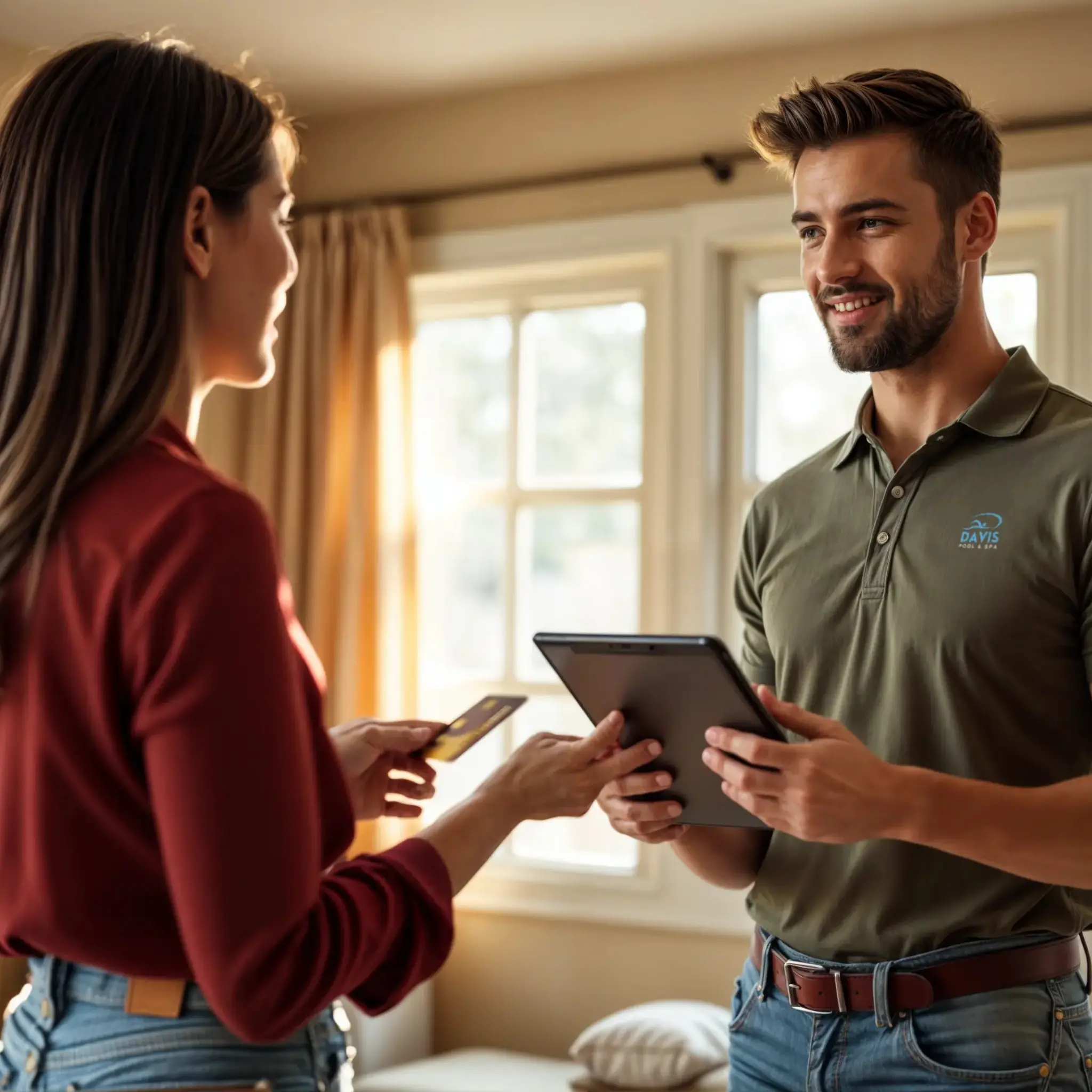 A man and woman are holding a tablet computer.