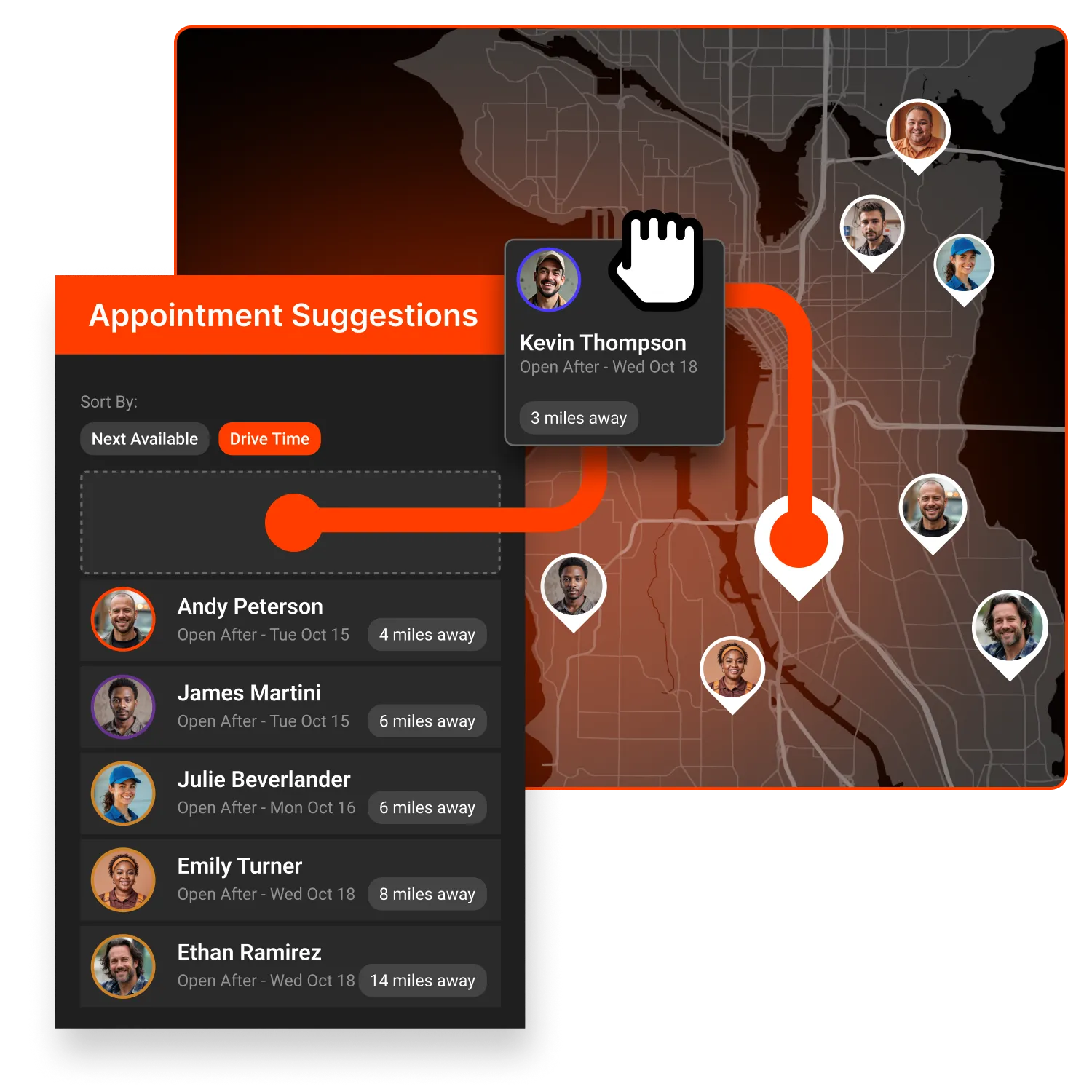 Map with appointment suggestions sorted by drive time, showing photos, names, and distances of people nearby.