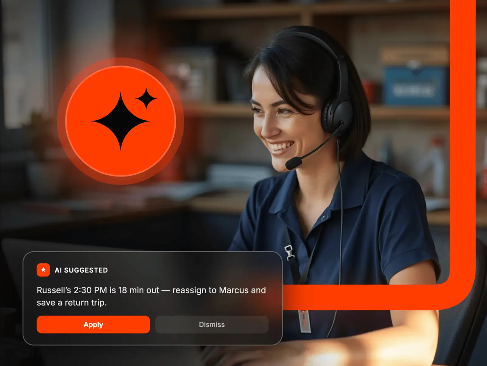 Dispatcher on a headset reviewing a Mission Control suggestion to reassign a running-late job