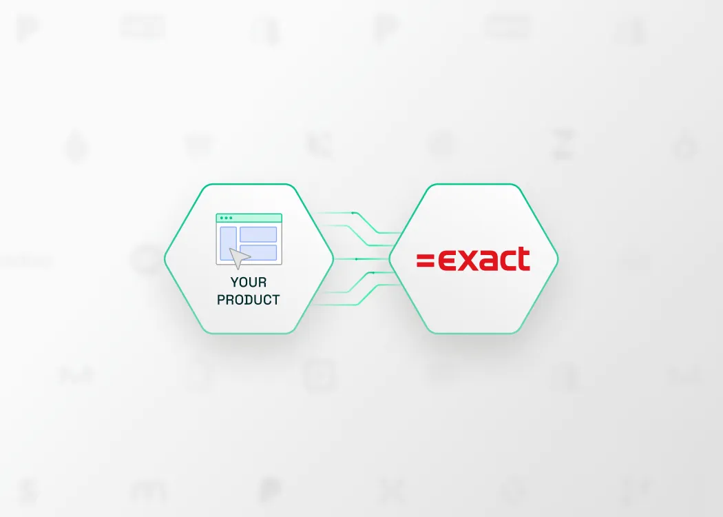 Logo of Exact Online with a software product connected to it to represent an api intergration