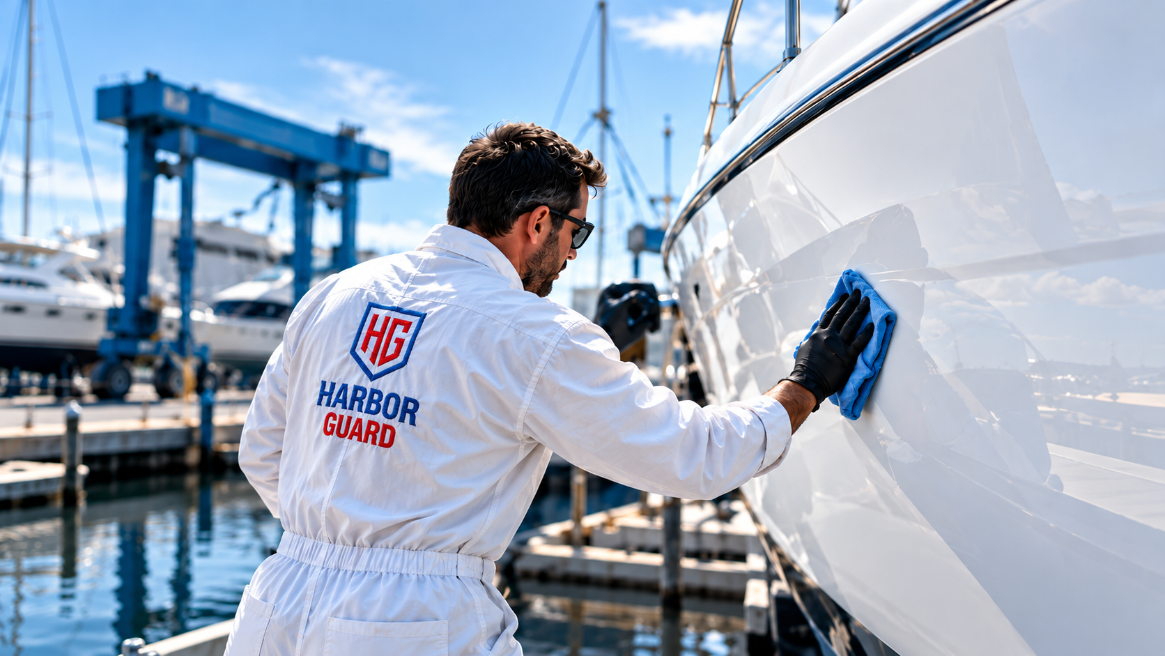 Harbor Guard certified applicator hand-applying the coating to a boat hull