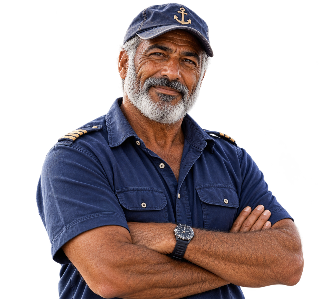 Boat captain with arms crossed