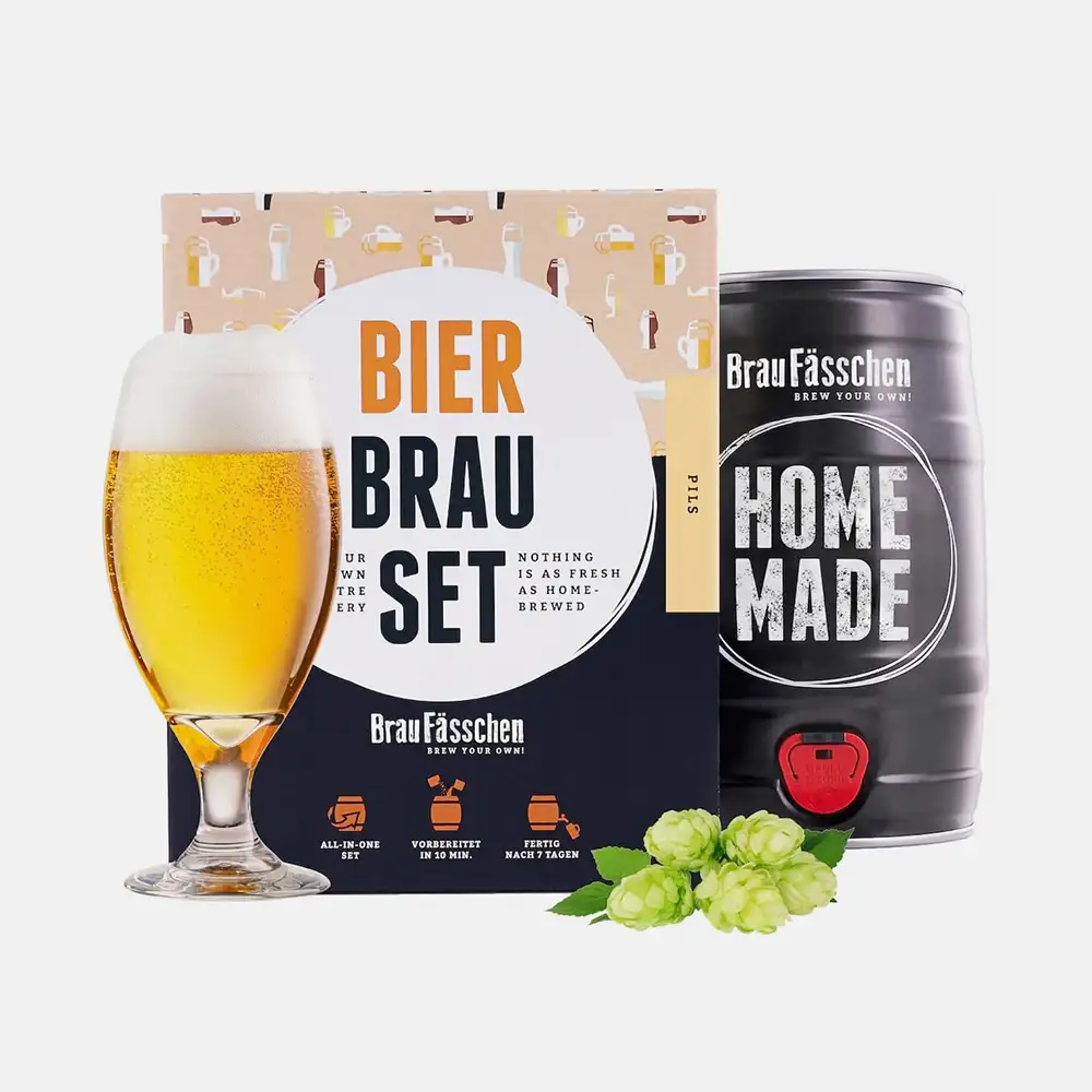 Bierbrauset mit 5-Liter-Fass, Malzextrakt, Hopfen und Hefe – Zutaten zum eigenen Bierbrauen in einer Geschenkbox.