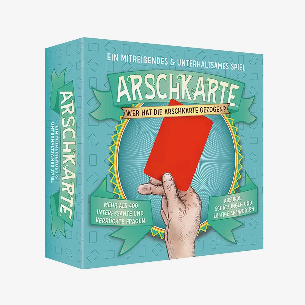 Kartenspiel „Arschkarte – Wer hat die Arschkarte gezogen?" von Kylskapspoesi in der Spielschachtel, ein schräges Partyspiel für gesellige Runden.