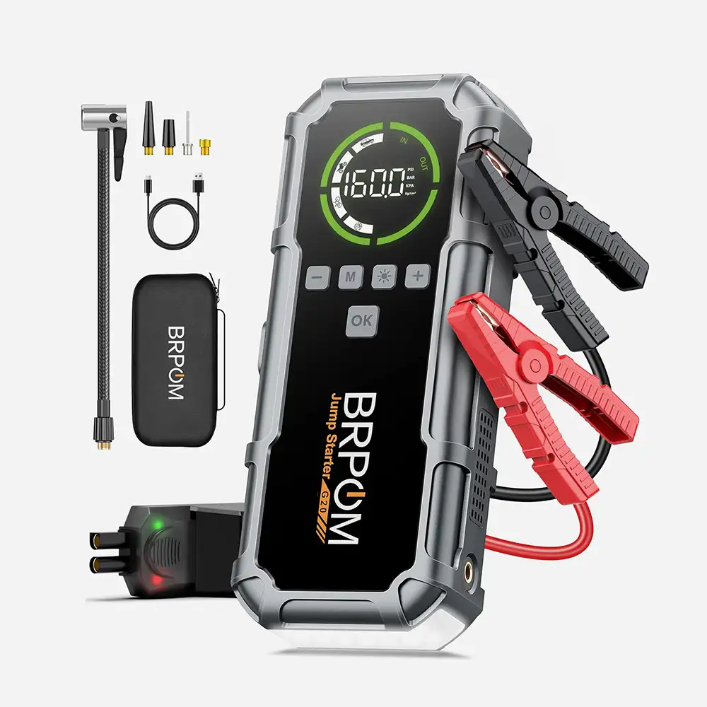 Kompakte Pkw-Powerbank mit Starthilfe-Kabeln und integriertem Luftkompressor in robustem Gehäuse.