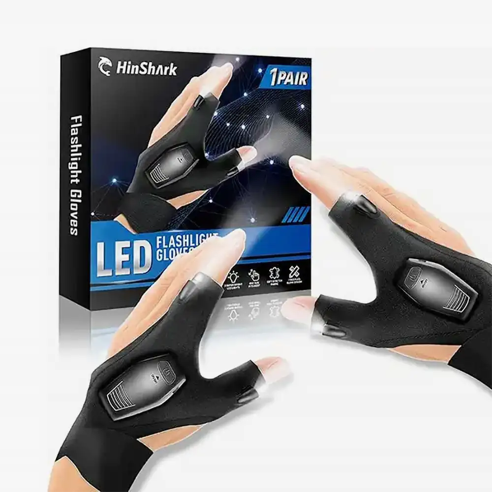 Fingerlose LED-Handschuhe mit Leuchten an den Fingerkuppen, die im Dunkeln auf die Hände leuchten.