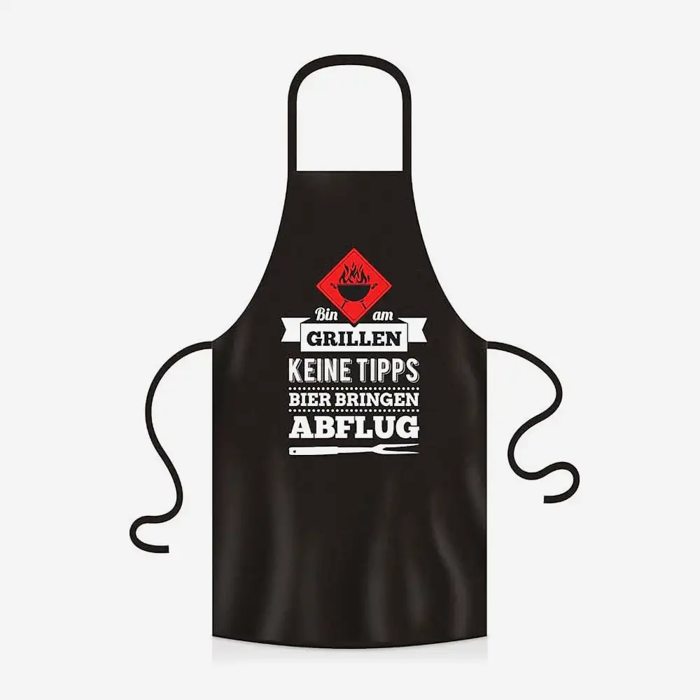 Schwarze Grillschürze mit gelbem Aufdruck „Bin am Grillen – keine Tipps, Bier bringen, Abflug".