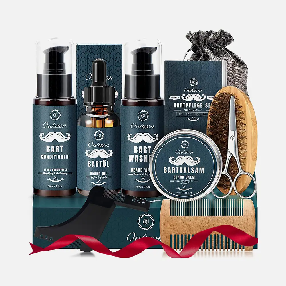 Bartpflege-Set mit Shampoo, Öl, Balsam, Kamm, Bürste und Schere in einem Reise-Beutel.