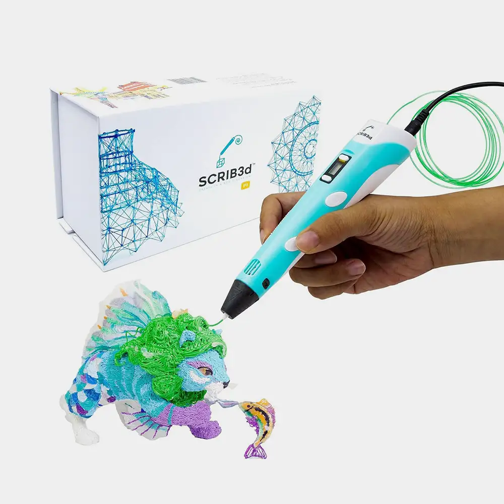 3D-Druckstift, mit dem eine dreidimensionale Figur aus Kunststoff frei Hand gezeichnet wird.