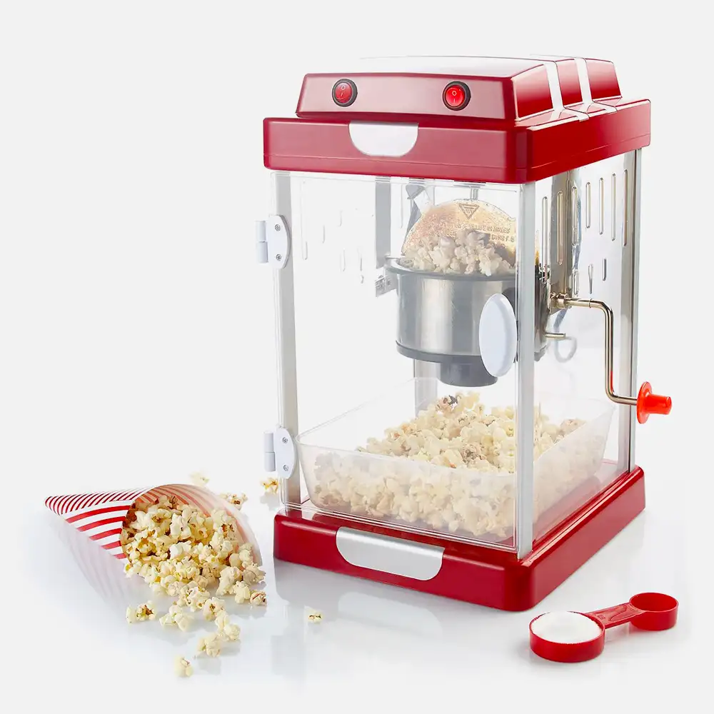 Rote Retro-Popcorn-Maschine im 50er-Jahre-Design mit Innenbeleuchtung und herausnehmbarer Popcorn-Schale