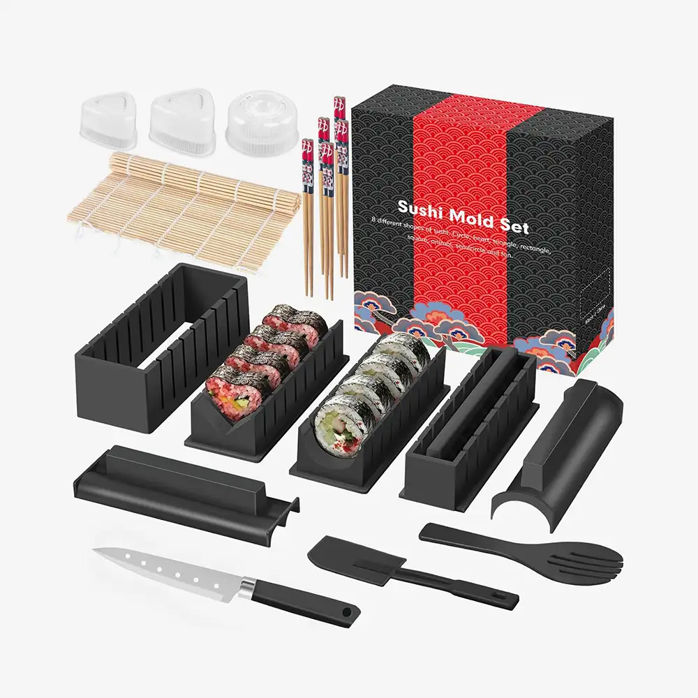 Schwarzes SKYSER Sushi Maker Set mit 20 Teilen, darunter Reisrollformen, Bambusmatte, Messer und Stäbchen
