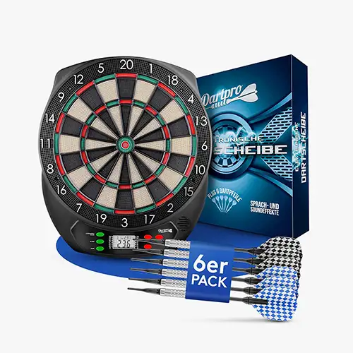 Elektronische Dartscheibe DartPro mit LED-Display und Softdarts an der Wand montiert