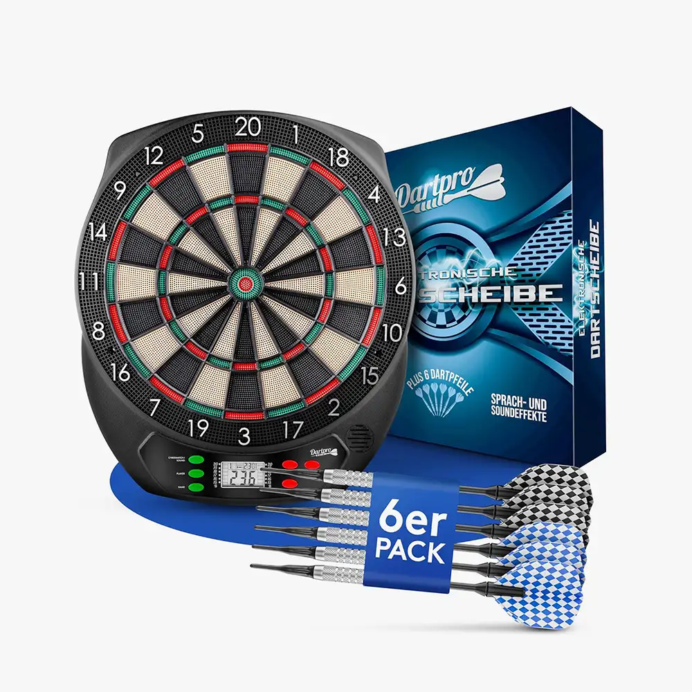 Elektronische Dartscheibe DartPro mit LED-Display und Softdarts an der Wand montiert