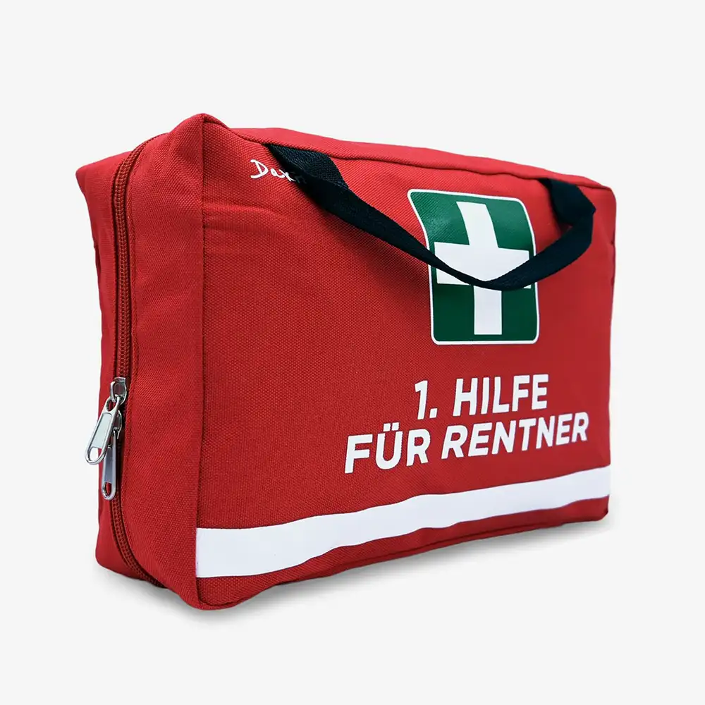 Rote Erste-Hilfe-Tasche mit Aufschrift „1. Hilfe zur Rente" und mehreren Innenfächern