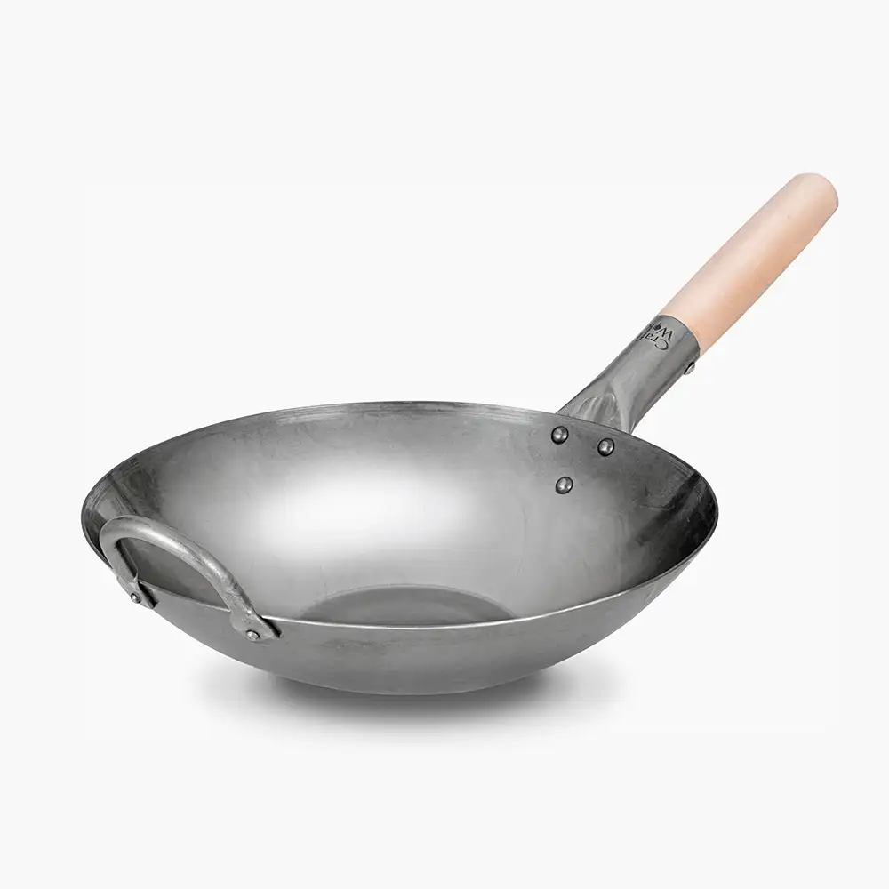 Handgehämmerter Craft Wok aus Karbonstahl mit Holz- und Stahlgriff, flacher Boden, 30,5 cm Durchmesser