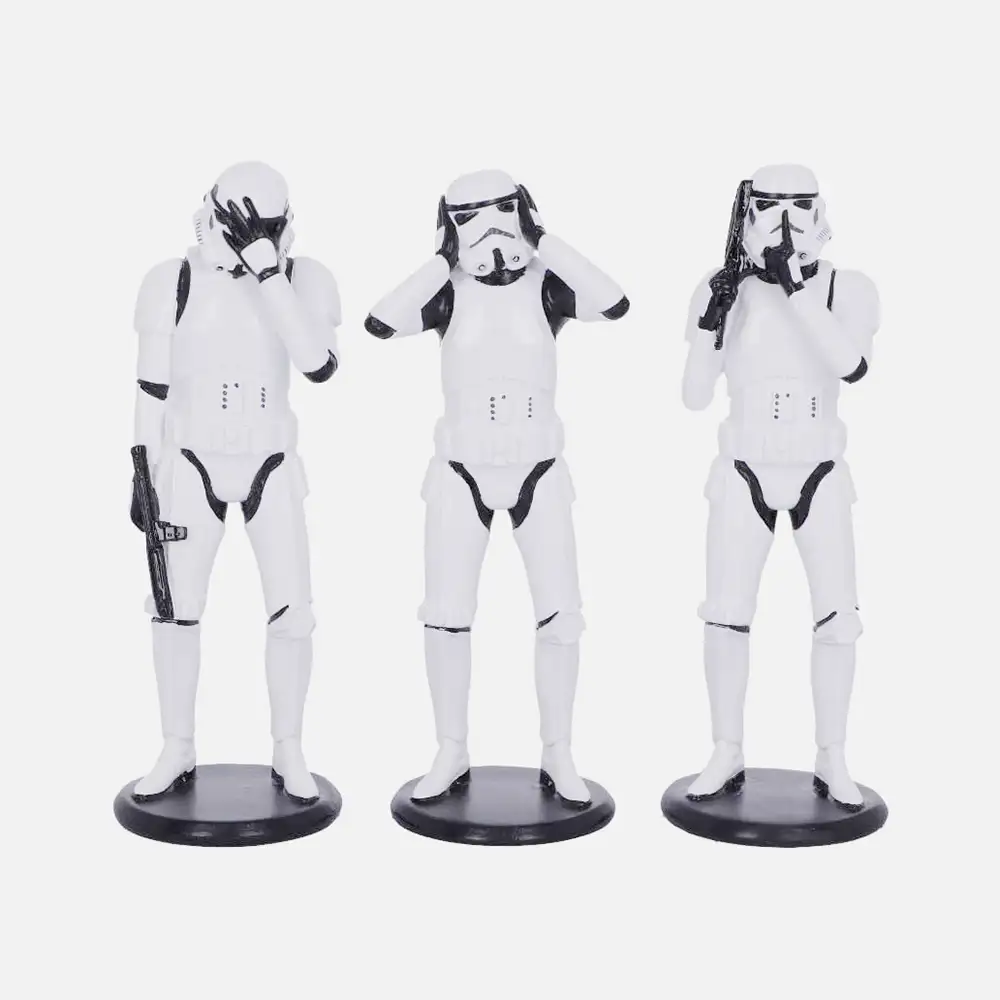 Drei handbemalte Stormtrooper-Figuren von Nemesis Now in der Pose der drei weisen Affen – nichts sehen, nichts hören, nichts sagen