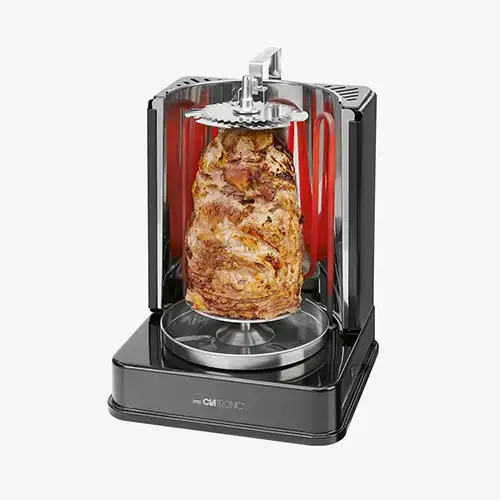Elektrischer Döner-Vertikalgrill in Schwarz mit rotierendem Fleischspieß und Edelstahl-Fettauffangbehälter