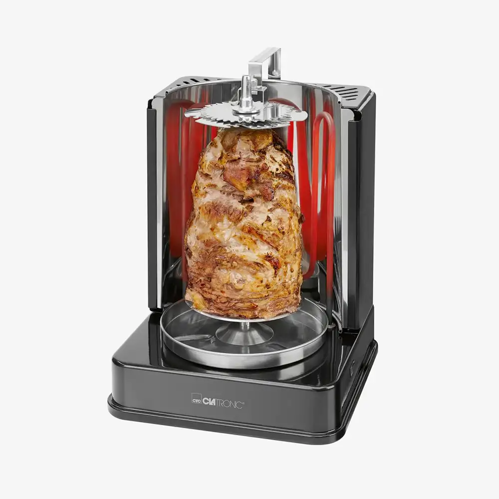 Elektrischer Döner-Vertikalgrill in Schwarz mit rotierendem Fleischspieß und Edelstahl-Fettauffangbehälter