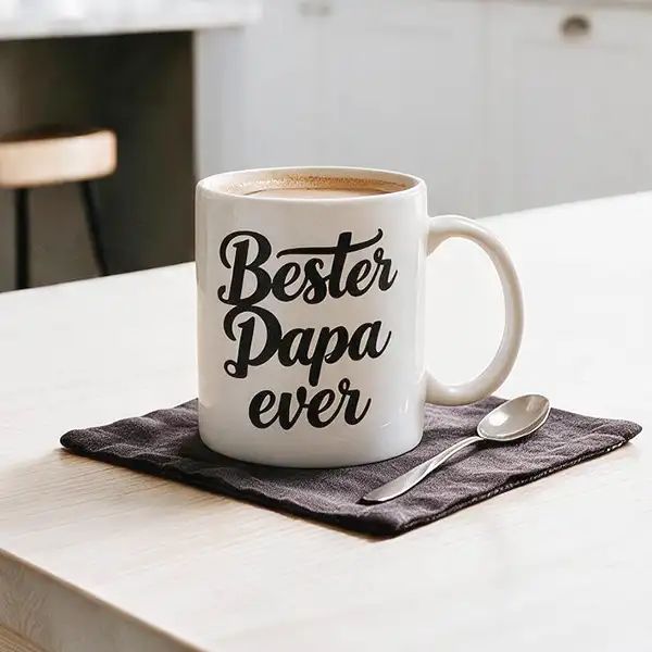 Tasse mit Aufdruck "Bester Papa ever" auf Küchentisch.