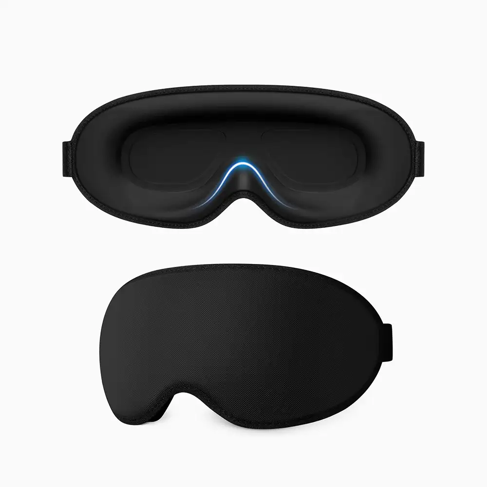 Schwarze 3D-Schlafmaske mit gewölbten Augenmulden und verstellbarem Kopfband
