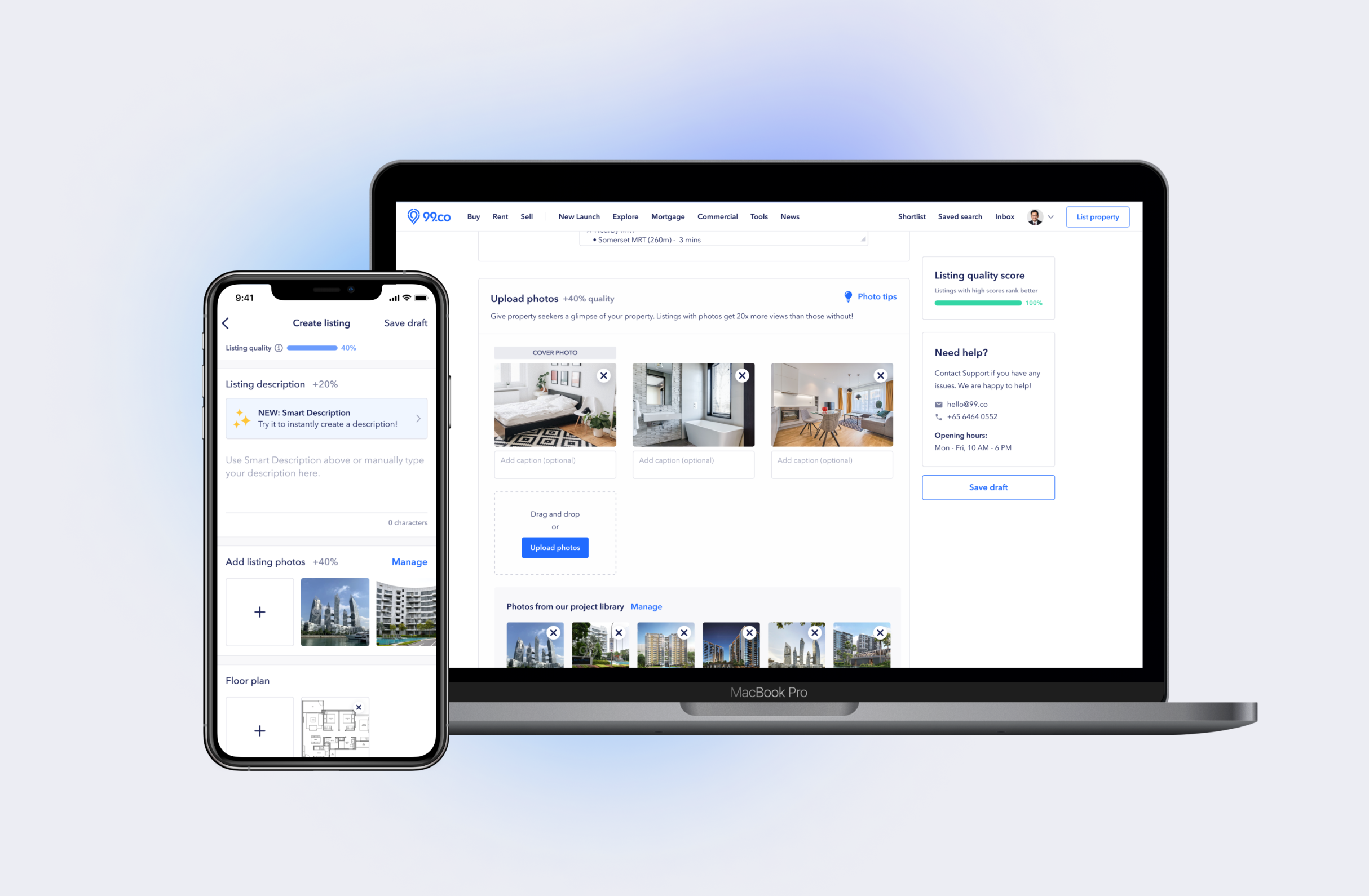 A mockup of a laptop screen and a mobile phone showing an interface of 99co where property agents can manage their listings
