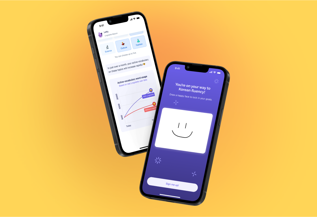 A mockup of two phone screens on a yellow background showing a language learning app