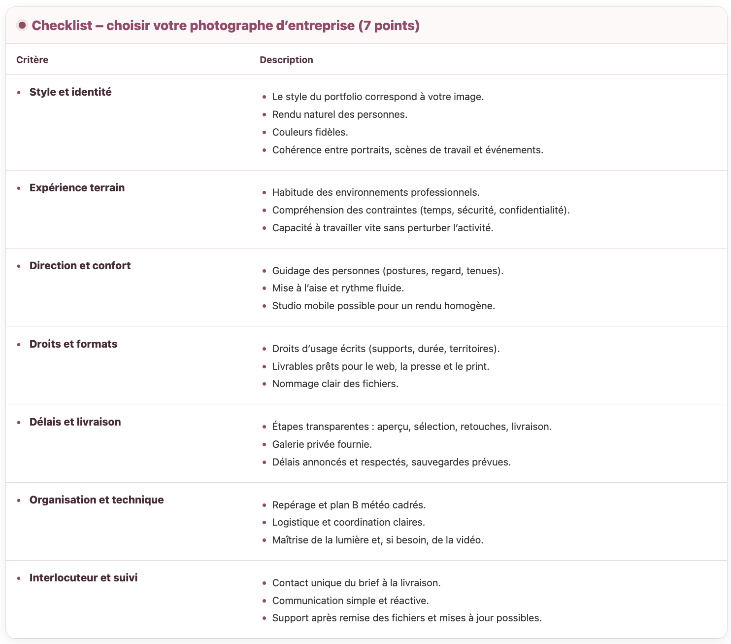 Checklist des critères pour choisir un photographe d'entreprise à Lyon