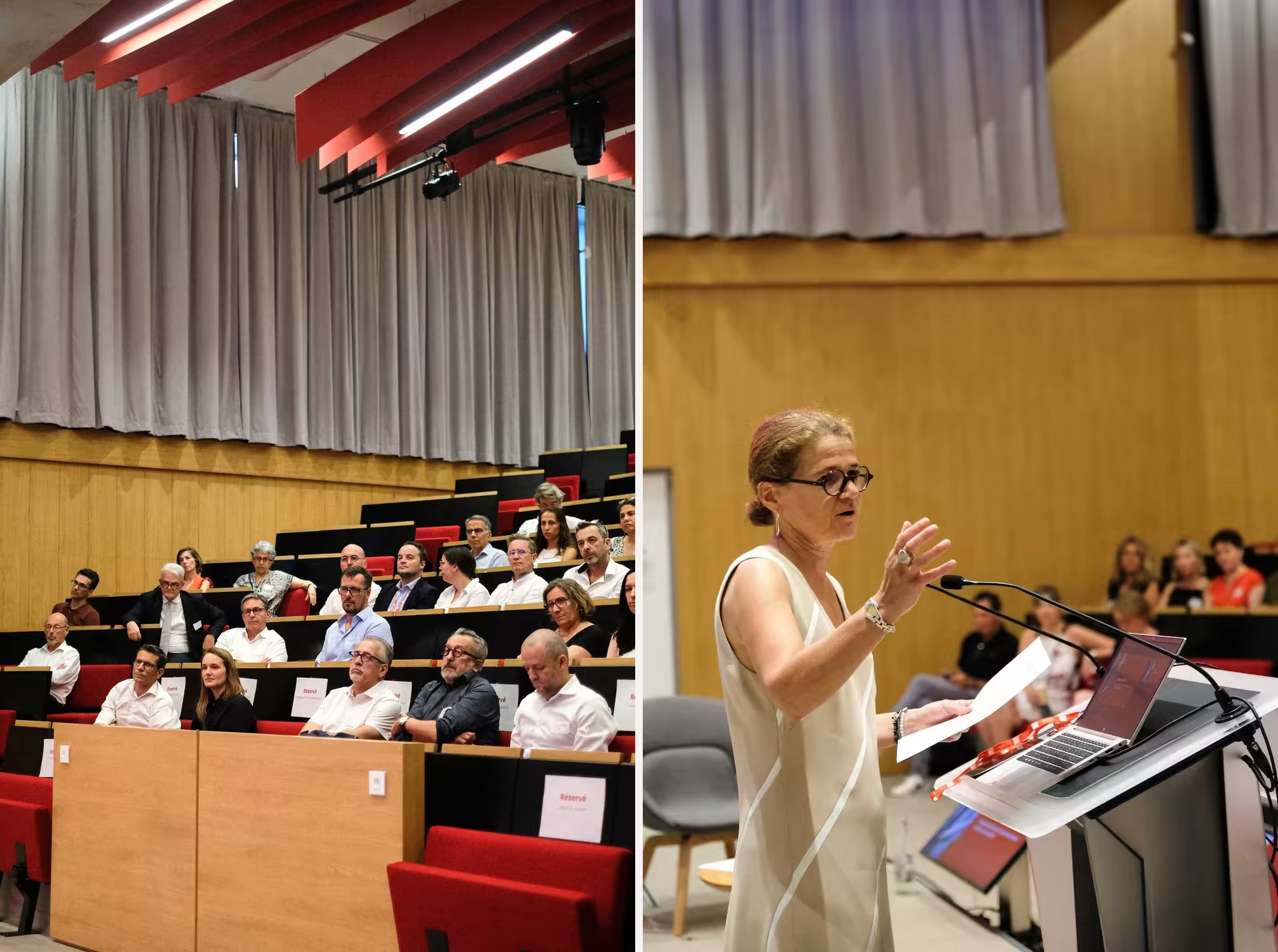 Public dans l’auditorium et intervention au pupitre lors du lancement de ProPulse à emlyon