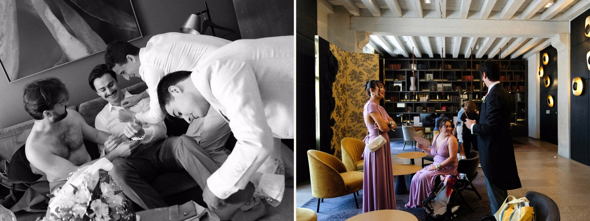 Préparatifs du marié avec ses proches puis échanges avec les invités à l’InterContinental Lyon, Hotel Dieu.