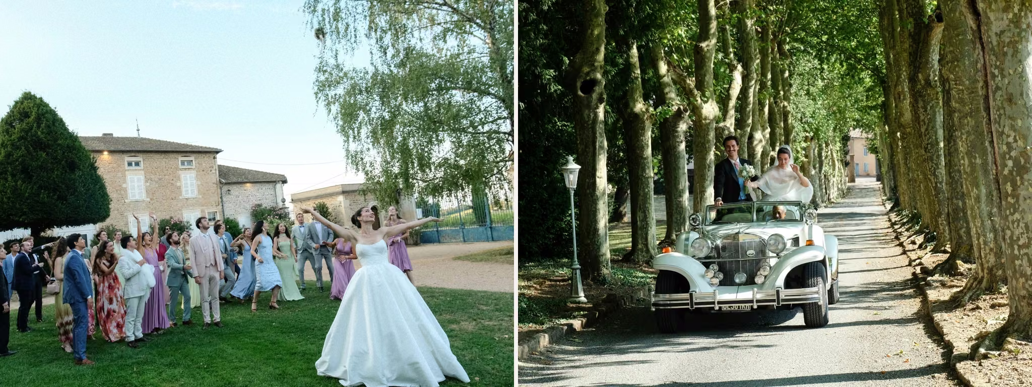 Lancer de bouquet dans le parc puis arrivée des mariés en voiture ancienne au Château des Ravatys.
