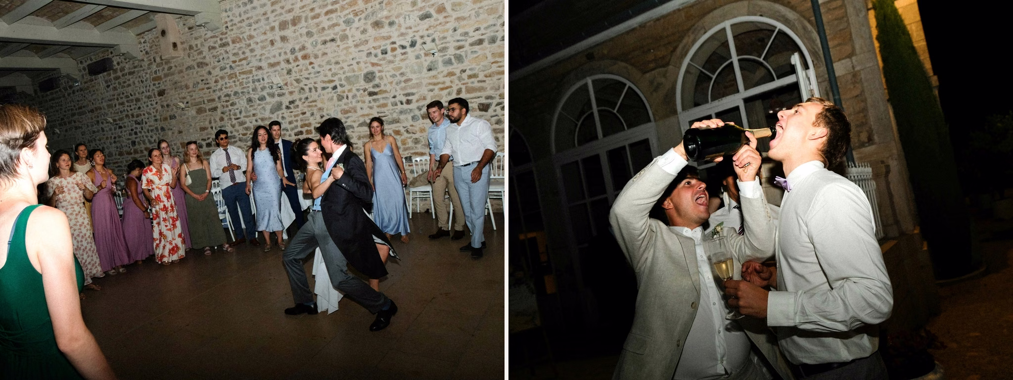 Soirée de mariage avec danse entre les invités et célébration autour d’une bouteille de champagne.