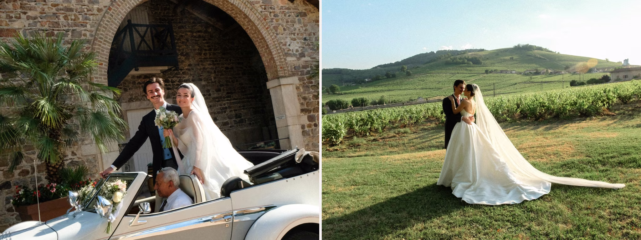 Diptyque de mariage au Château des Ravatys : les mariés en voiture ancienne puis enlacés au milieu des vignes.
