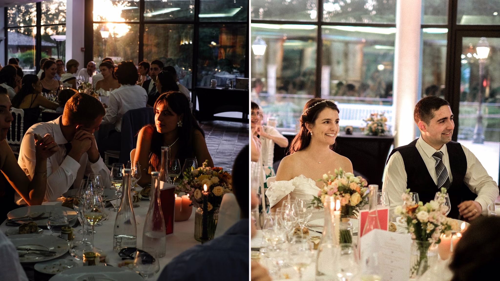 Invités et mariés partagent le dîner de réception autour de tables fleuries baignées par la lumière du soir.