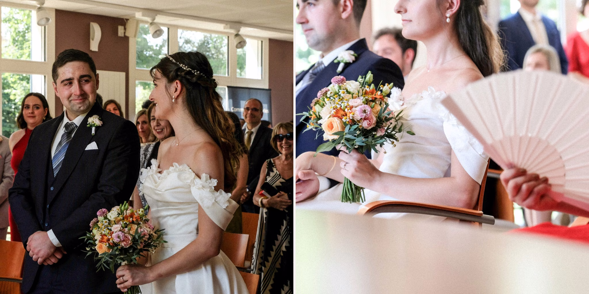 Cérémonie civile à la mairie de Vourles : les mariés échangent un regard puis la mariée tient son bouquet.