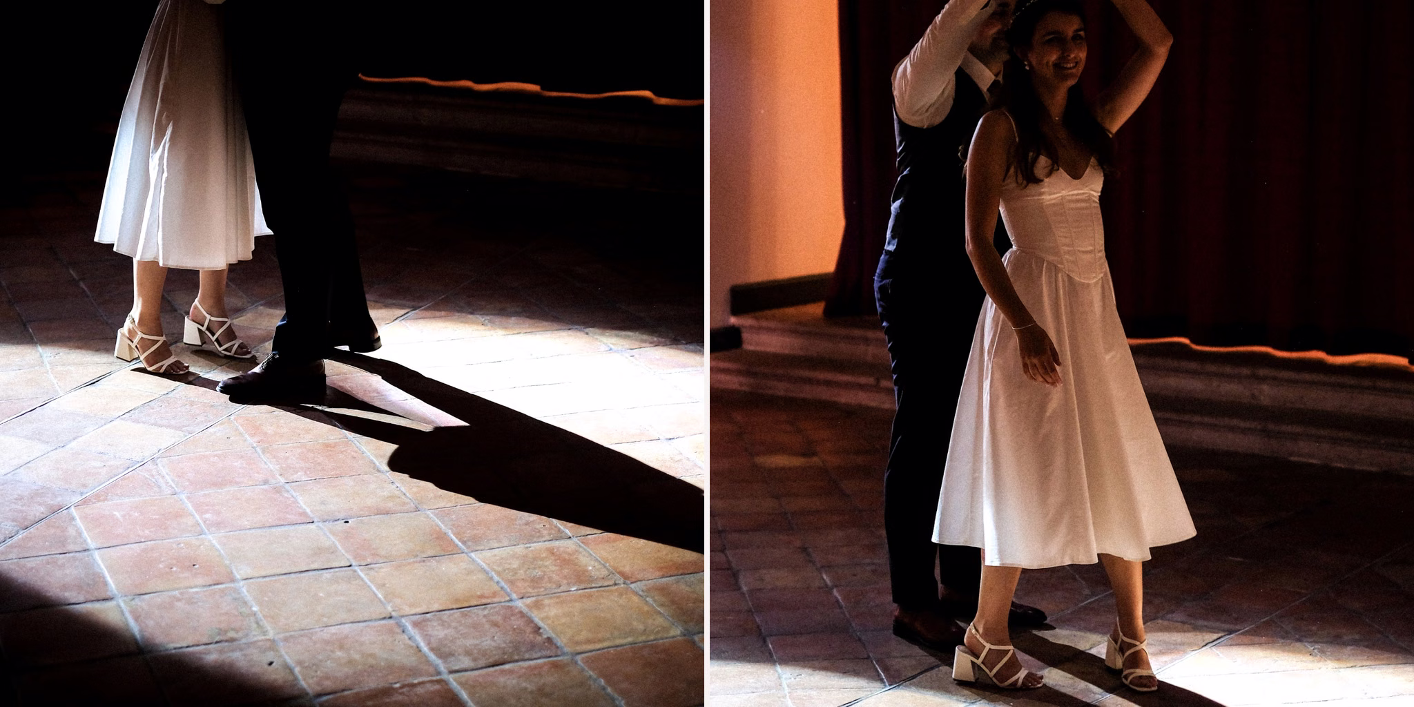 Les mariés dansent dans la lumière du soir, entre jeux d’ombres au sol et mouvement de la robe.