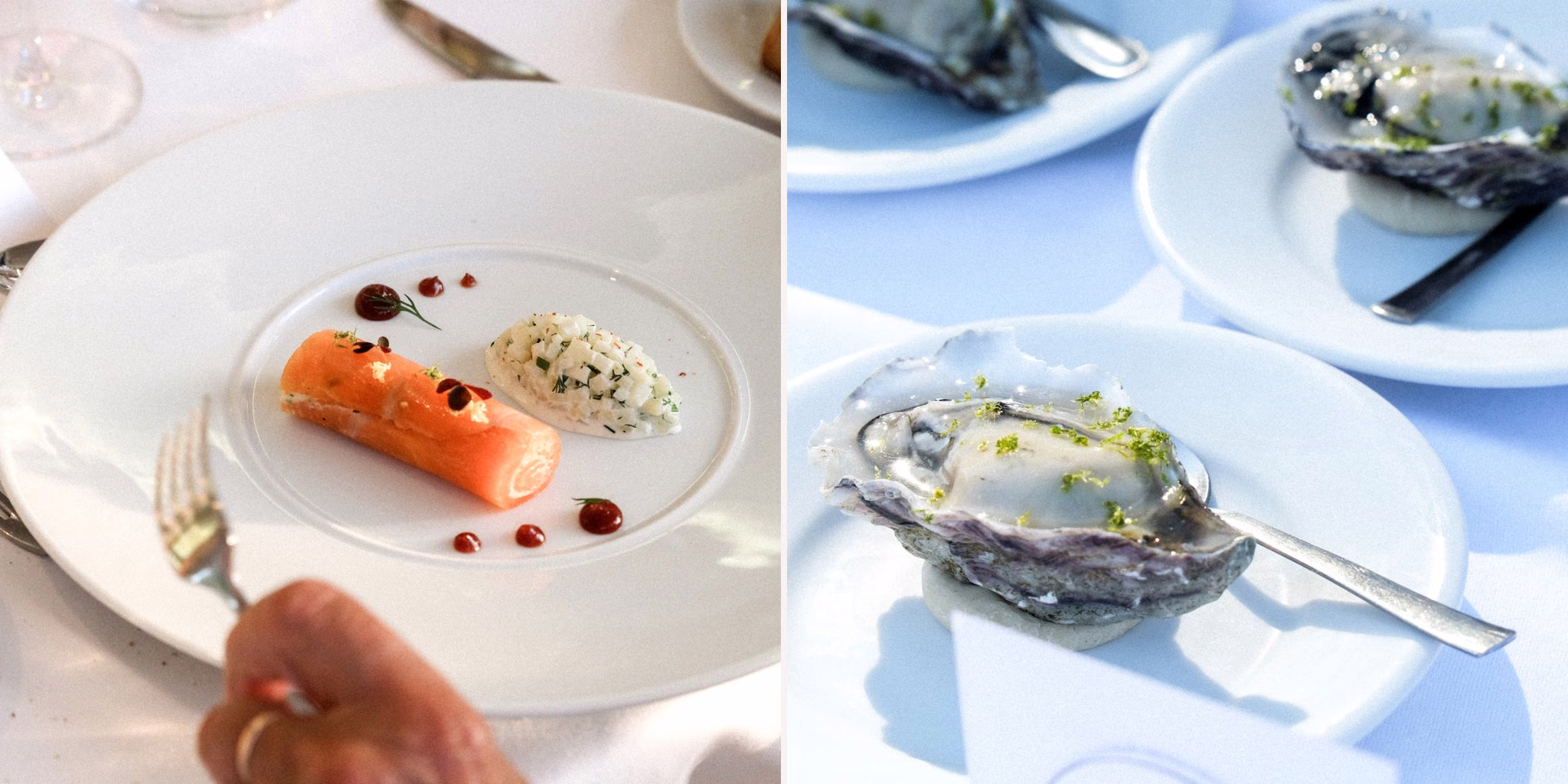 Deux assiettes du repas de mariage : saumon finement dressé et huître servie dans sa coquille.