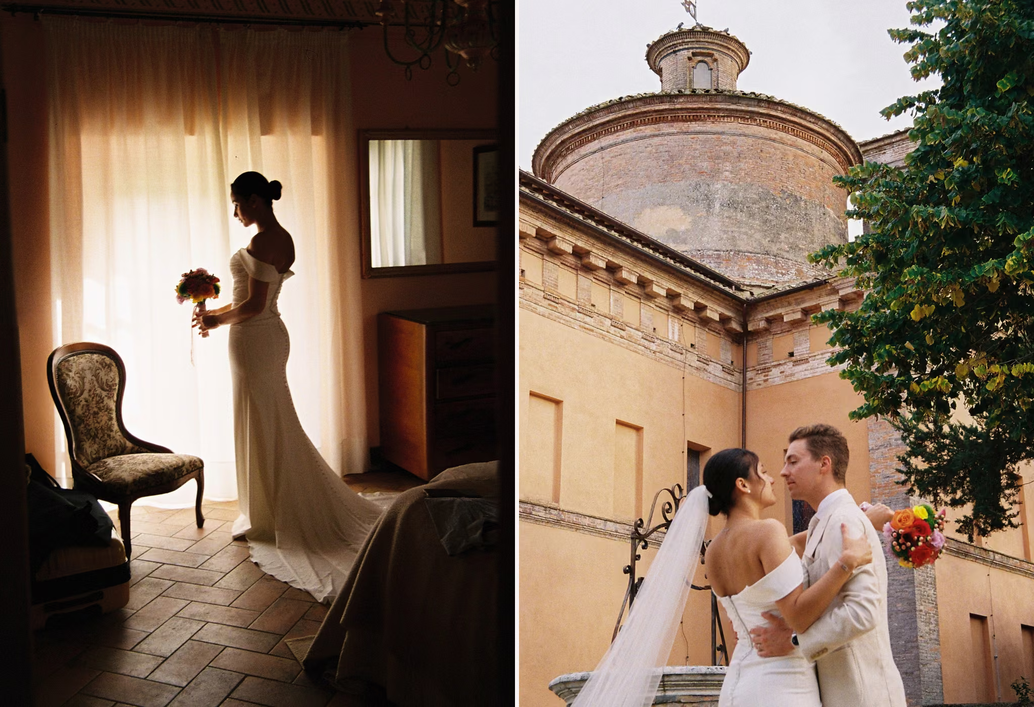 Mariée près d’une fenêtre puis couple enlacé à Podere Incrociati, mariage en Toscane photographié à l’argentique.