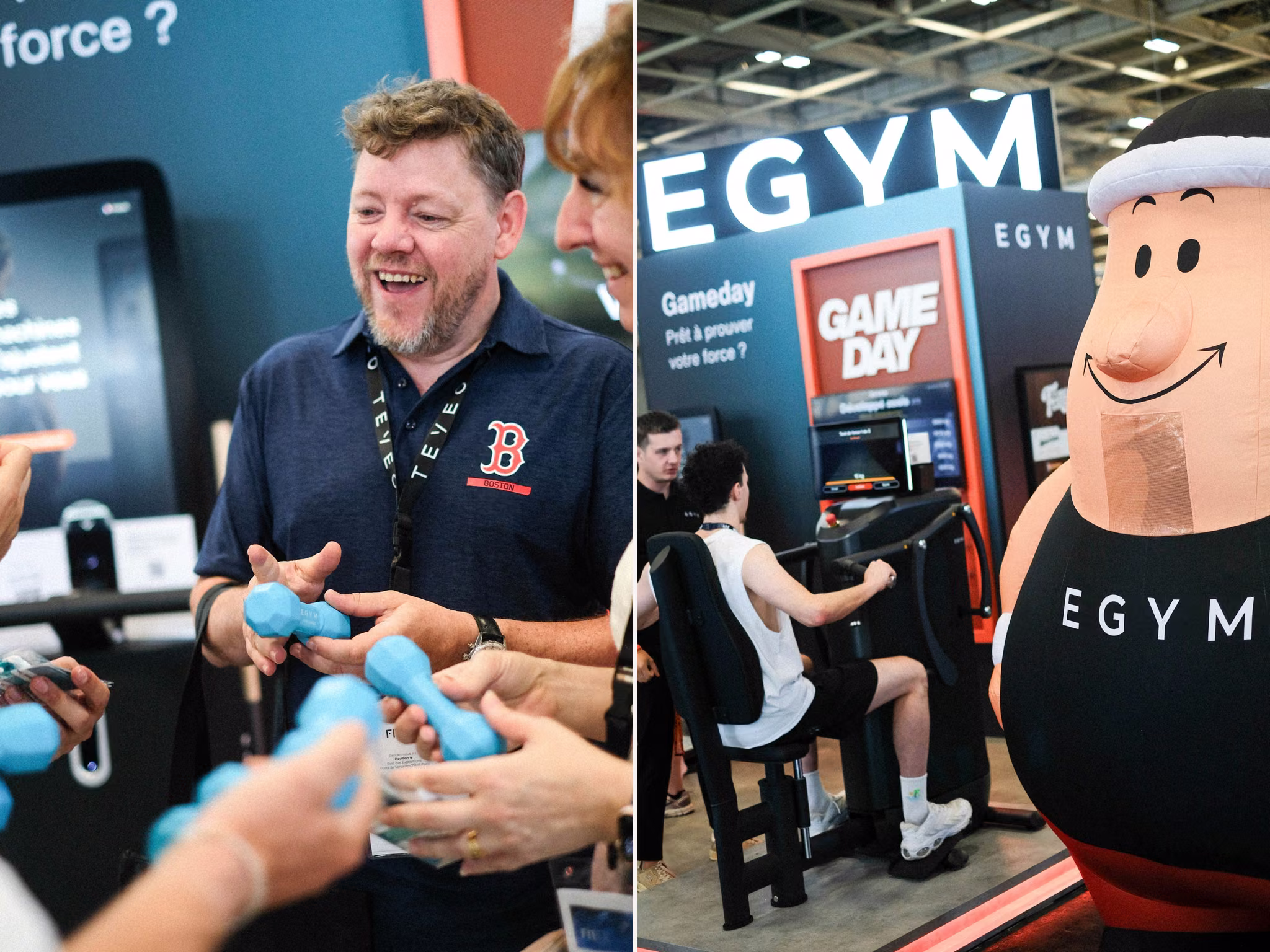 Au FITEX Paris, des participants manipulent des haltères sur le stand EGYM, un visiteur essaie une machine près de la mascotte.