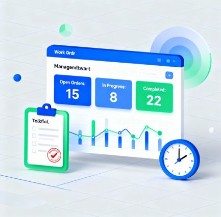 Work order management software dashboard with task scheduling, performance charts, and digital maintenance tracking tools.