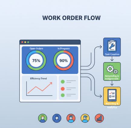 Technicians using digital tablets and laptops to manage work orders and maintenance tasks in a modern industrial facility.