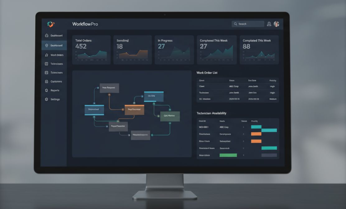 Computer monitor displaying WorkflowPro dashboard with order stats, workflow chart, work order list, and technician availability.