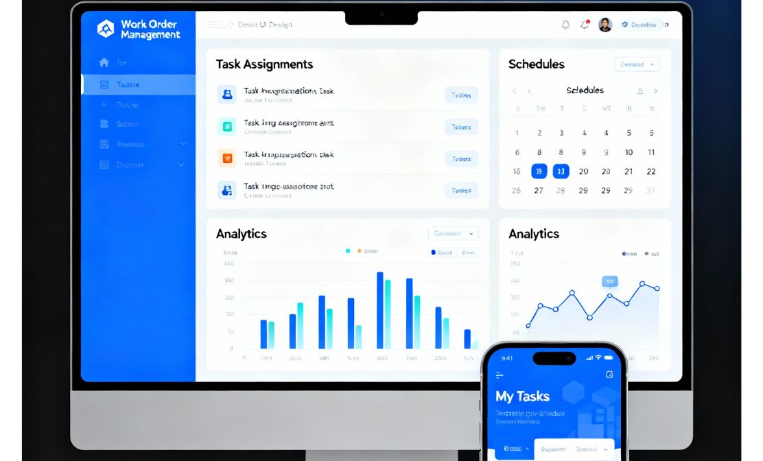 Desktop and smartphone displaying a work order management software interface with task assignments, schedules, and analytics charts.