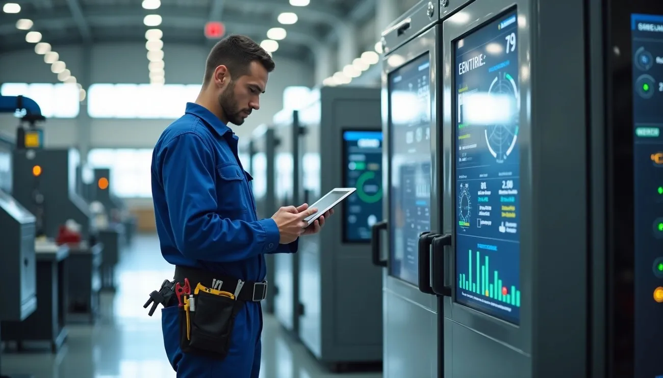 Technician in blue uniform using a tablet to monitor digital control panels in an industrial facility.