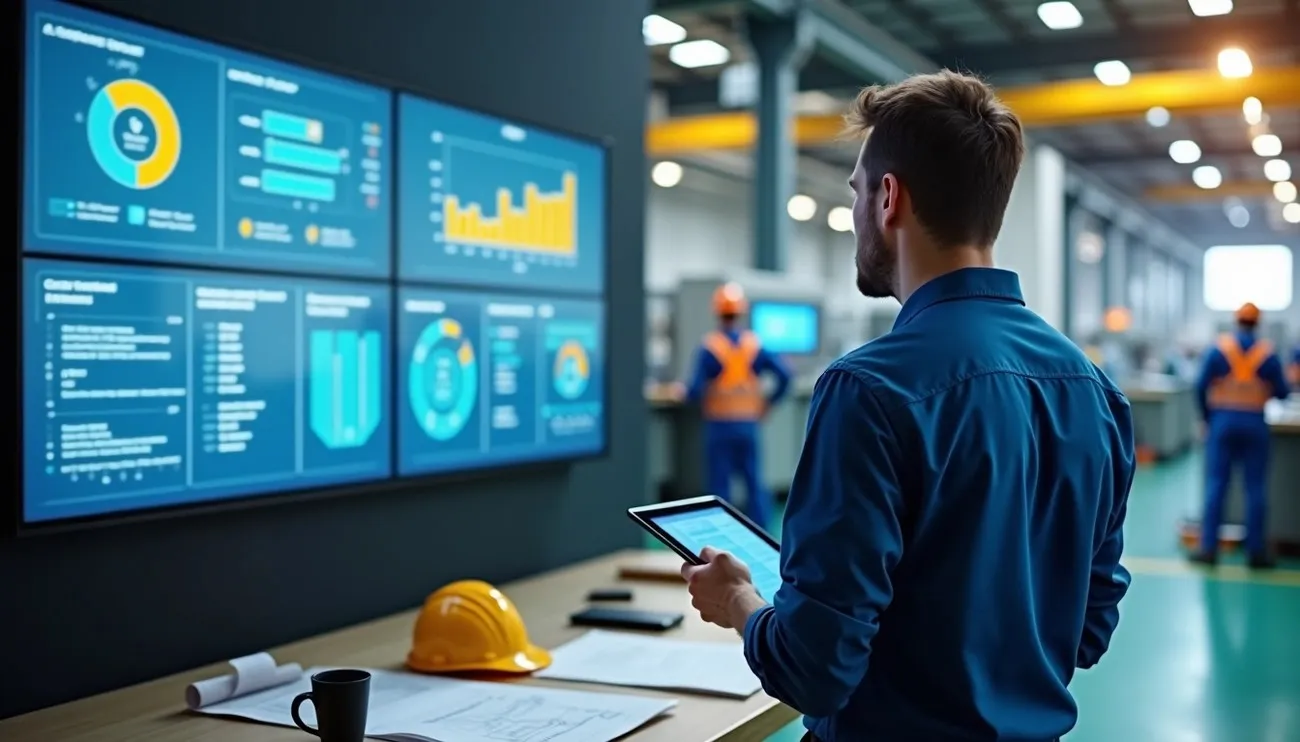 Two factory workers in blue uniforms and helmets reviewing data on a tablet and a wall-mounted screen inside an industrial facility.
