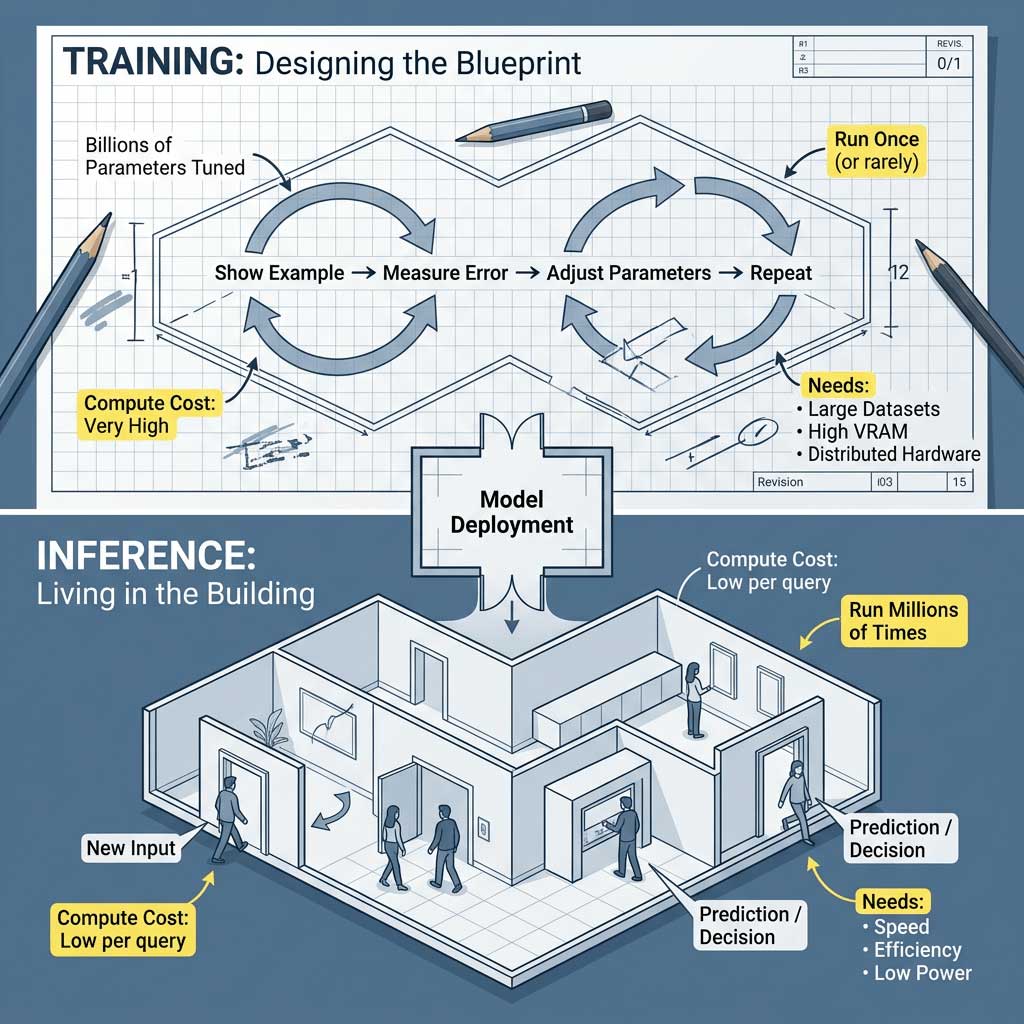 A visual metaphorical representation of Training vs Inference, represented as designing a blueprint (training) vs living in a house (inference).